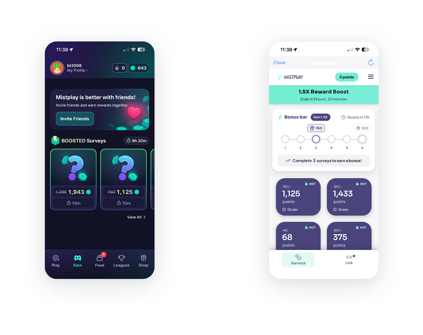 Mistplay for iPhone screens: Boosted Surveys on the Earn tab and a 1.5X Reward Boost with a Bonus bar