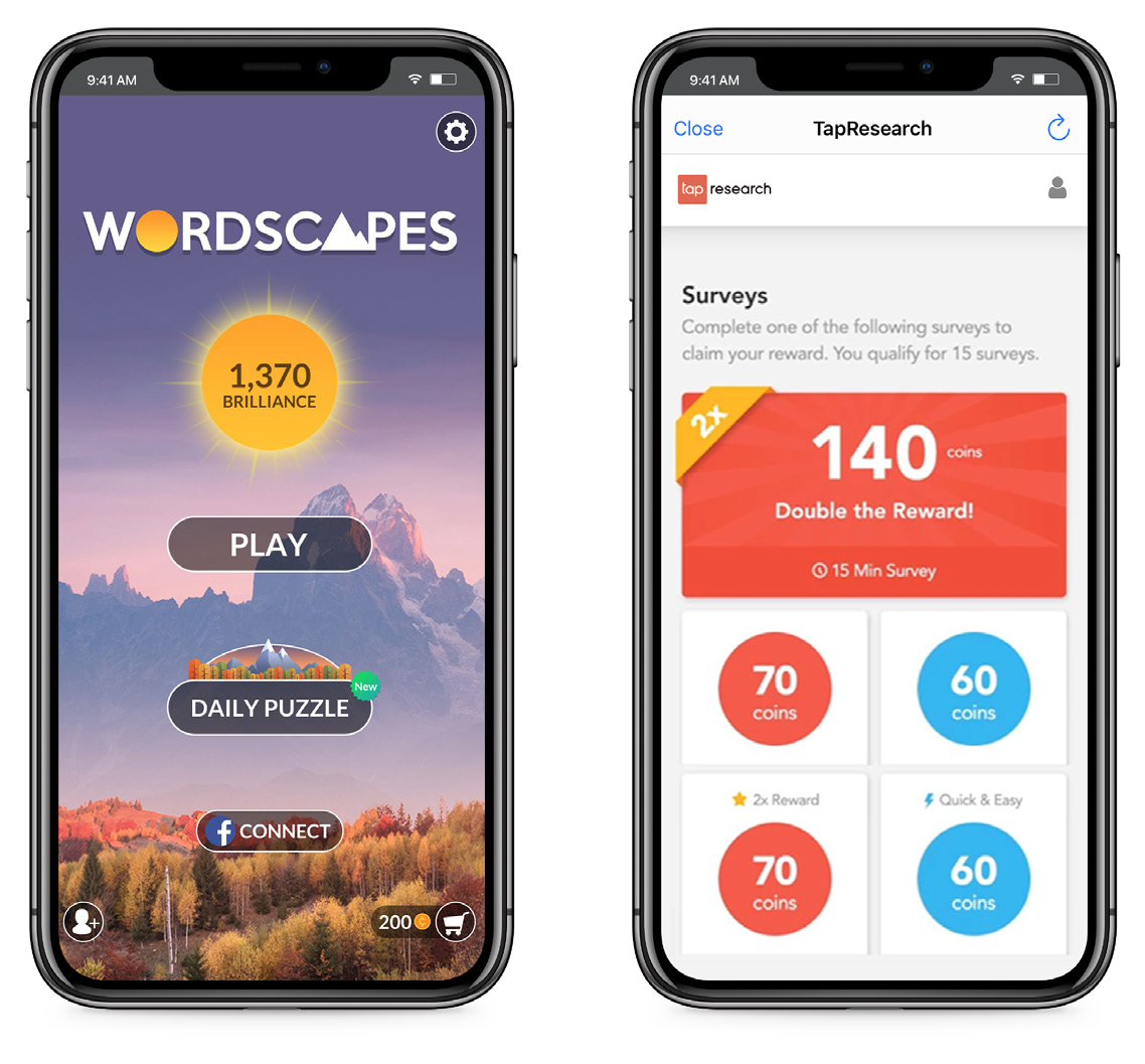 WordScapes home screen and the TapResearch survey wall in the game