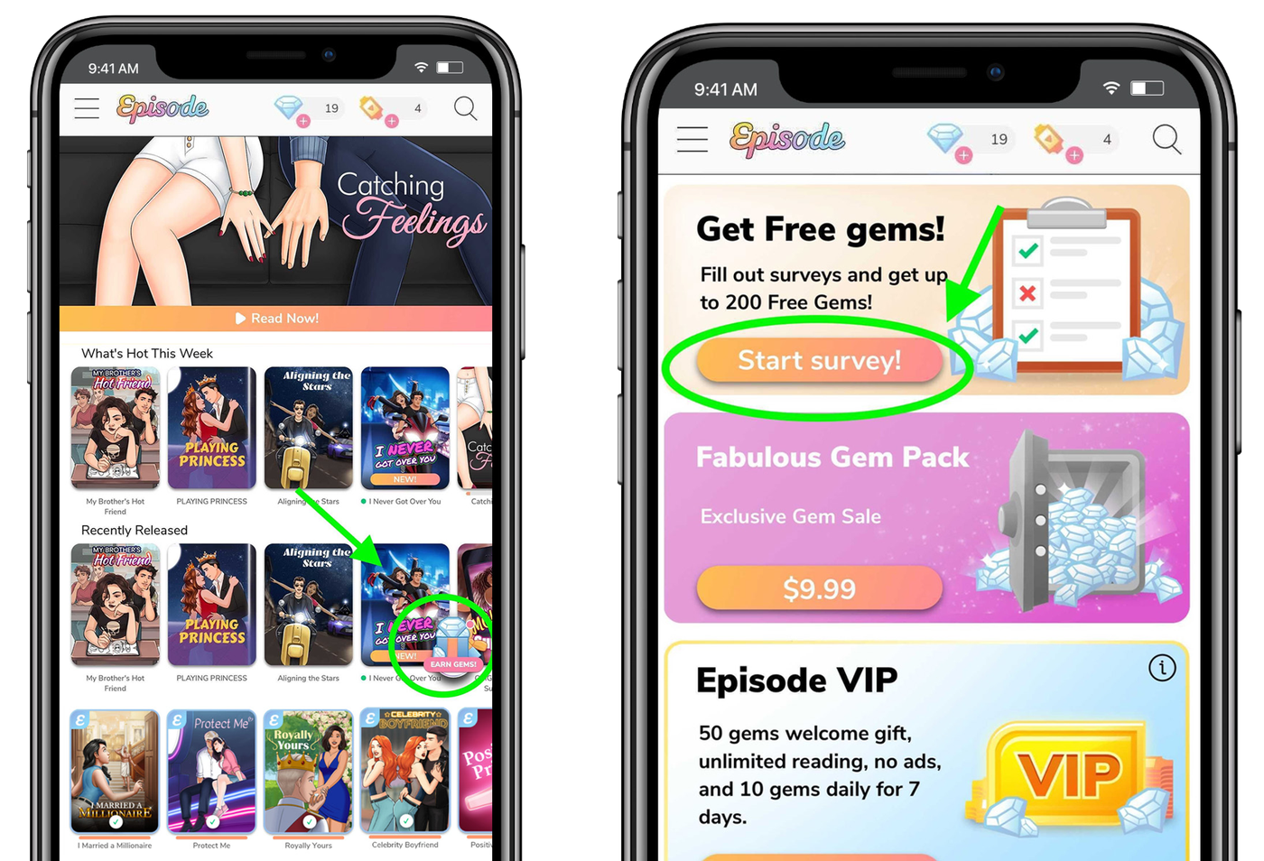 Episode screens: the Earn Gems section with a Get Free Gems survey option
