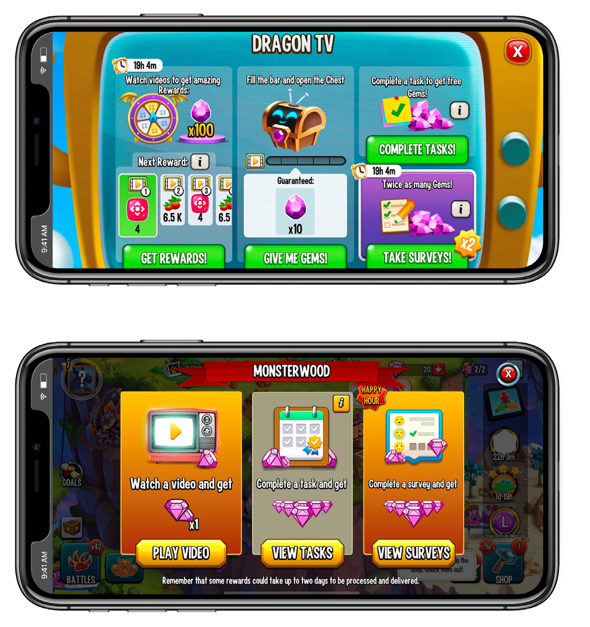 Dragon City and Monster Legends earn screens with a Take Surveys option